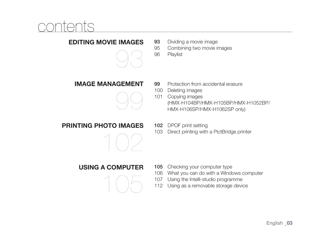 Samsung HMX-H104BP/HAC Dividing a movie image Combining two movie images Playlist, Protection from accidental erasure 