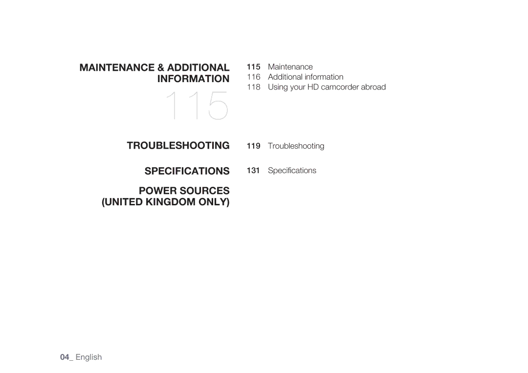 Samsung HMX-H105BP/HAC, HMX-H105BP/EDC, HMX-H106SP/EDC, HMX-H100P/EDC, HMX-H1052P/EDC manual 115, Troubleshooting Speciﬁcations 