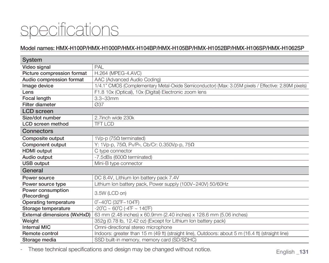 Samsung HMX-H104BP/AAW, HMX-H105BP/EDC, HMX-H106SP/EDC, HMX-H100P/EDC, HMX-H1052P/EDC, HMX-H104BP/EDC manual Specifications 