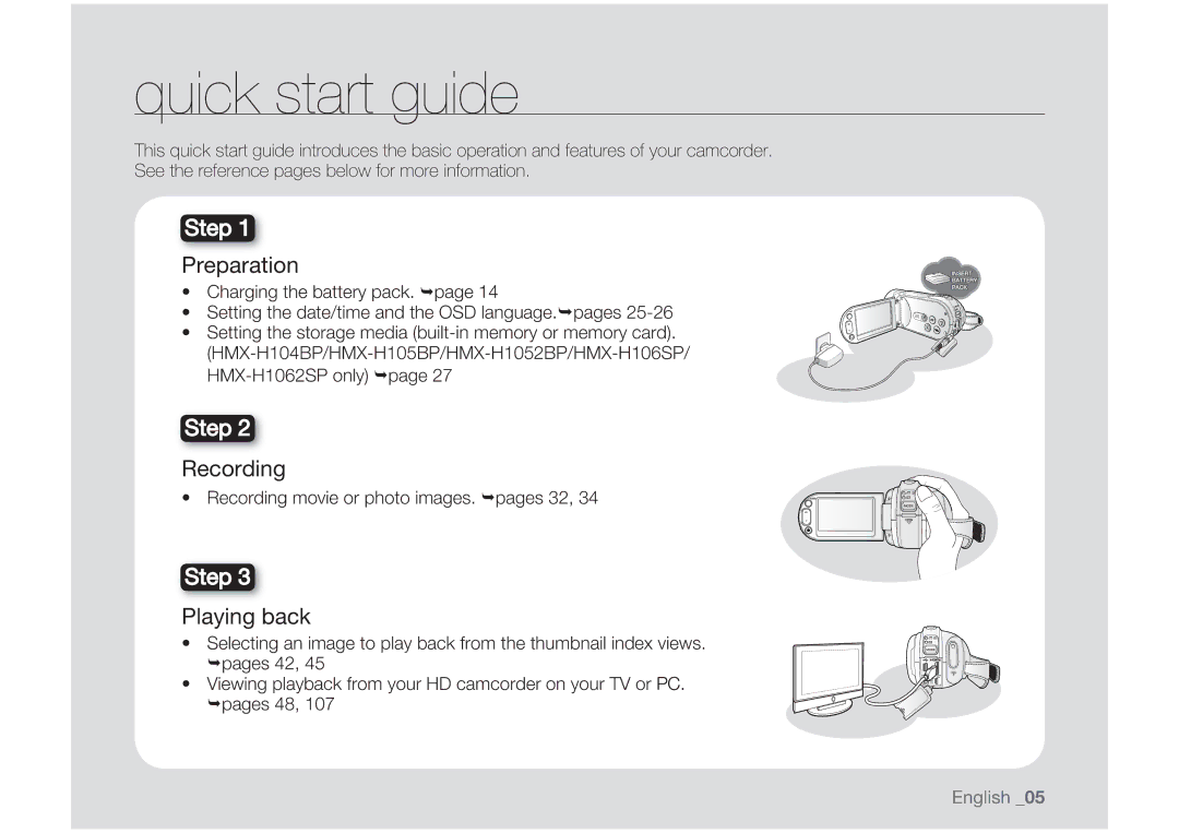 Samsung HMX-H104BP/XEB manual Quick start guide, Preparation, Playing back, Recording movie or photo images. pages 32 