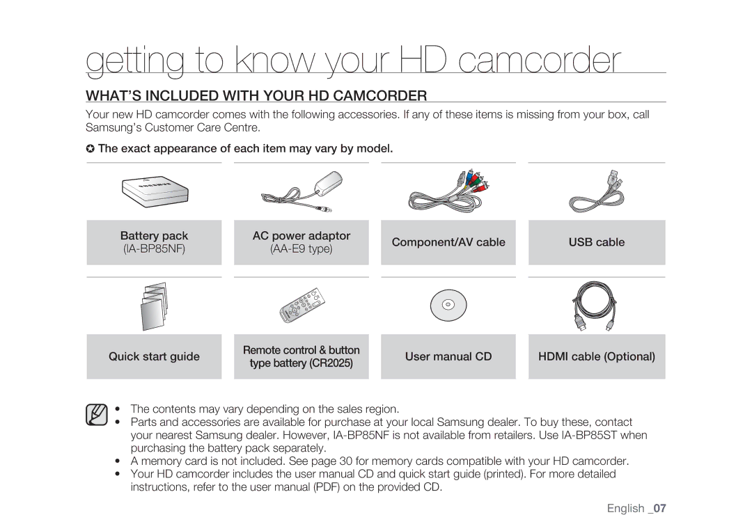 Samsung HMX-H105BP/XER manual Getting to know your HD camcorder, WHAT’S Included with Your HD Camcorder, Quick start guide 