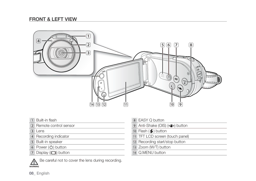 Samsung HMX-H100P/XEK, HMX-H105BP/EDC, HMX-H106SP/EDC, HMX-H100P/EDC, HMX-H1052P/EDC, HMX-H104BP/EDC manual Front & Left View 