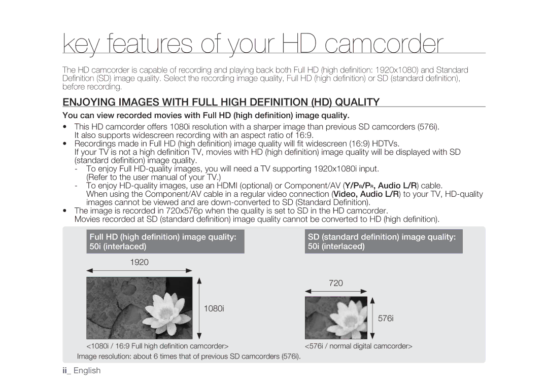 Samsung HMX-H100P/EDC Key features of your HD camcorder, Enjoying Images with Full High Definition HD Quality, 1920 1080i 