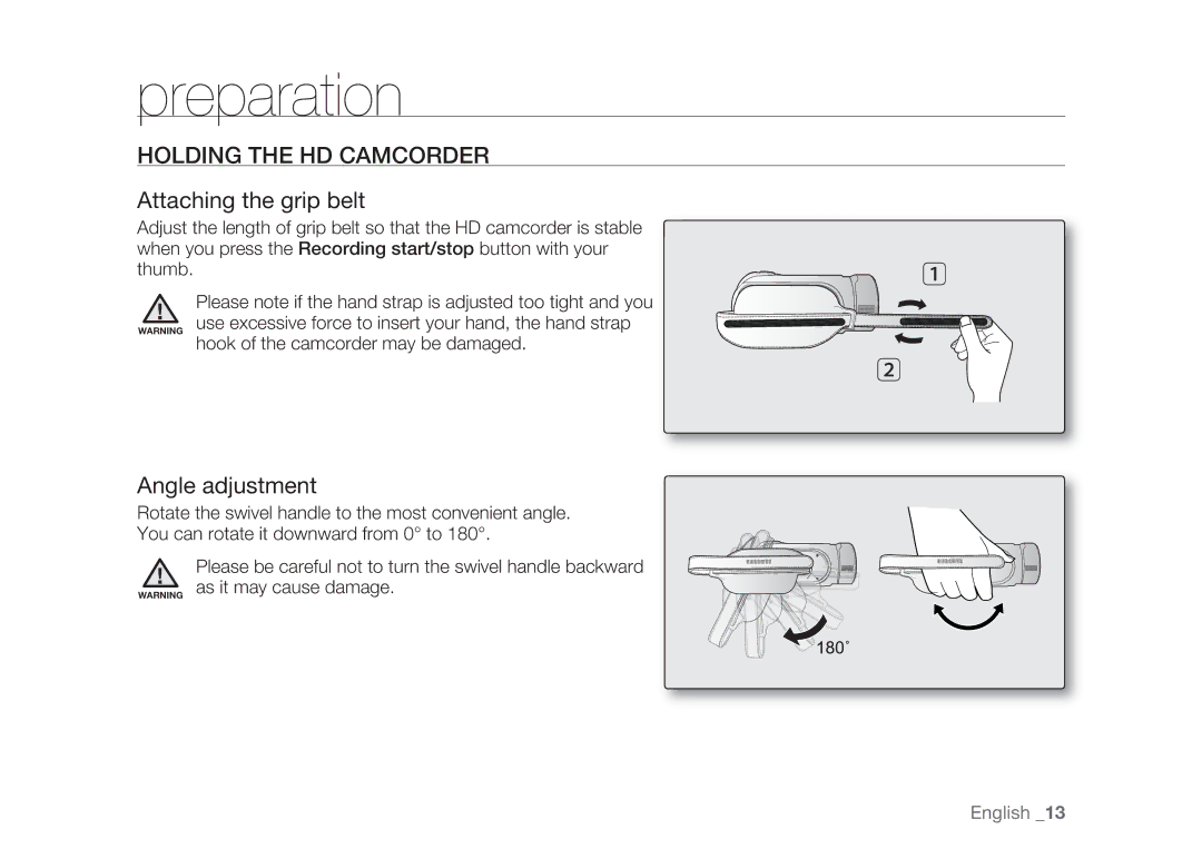 Samsung HMX-H104BP/XEK, HMX-H105BP/EDC, HMX-H106SP/EDC Holding the HD Camcorder, Attaching the grip belt, Angle adjustment 