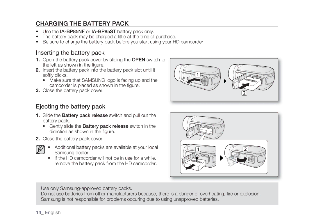 Samsung HMX-H104BP/XER, HMX-H105BP/EDC Charging the Battery Pack, Inserting the battery pack, Ejecting the battery pack 