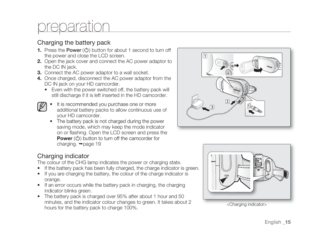 Samsung HMX-H105BP/COL manual Charging the battery pack, Charging indicator, Hours for the battery pack to charge 100% 