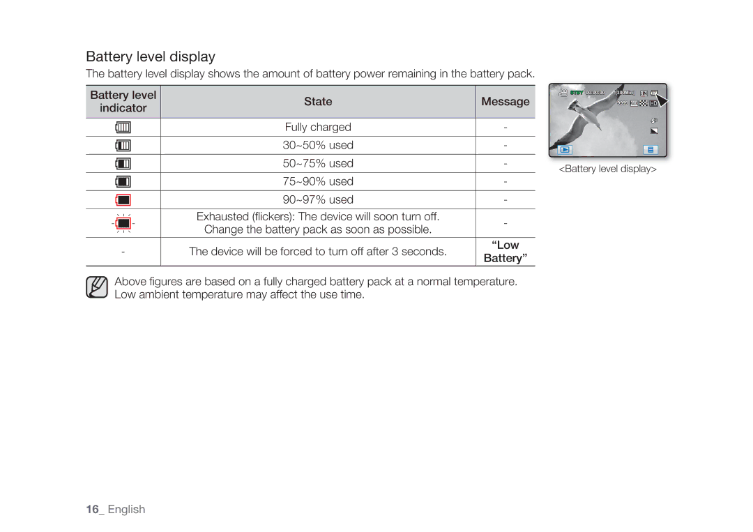 Samsung HMX-H104BP/COL, HMX-H105BP/EDC, HMX-H106SP/EDC, HMX-H100P/EDC, HMX-H1052P/EDC, HMX-H104BP/EDC Battery level display 