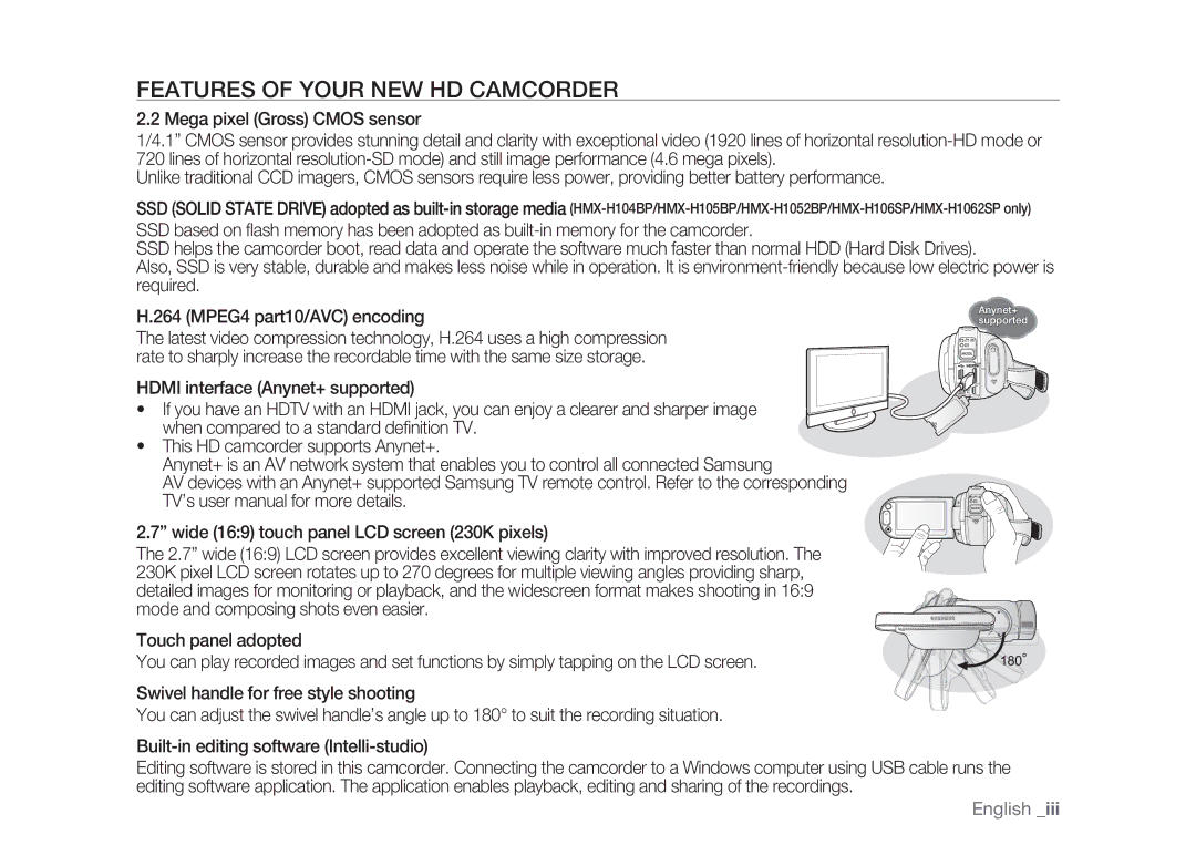 Samsung HMX-H1052P/EDC, HMX-H105BP/EDC, HMX-H106SP/EDC, HMX-H100P/EDC, HMX-H104BP/EDC manual Features of Your NEW HD Camcorder 