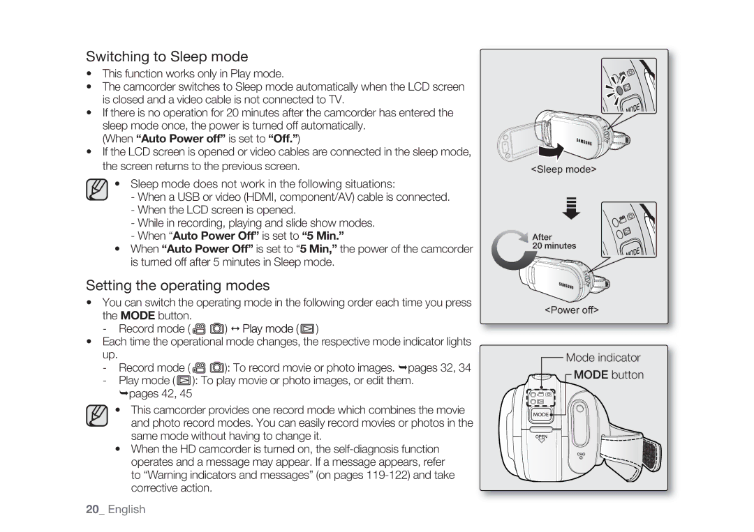 Samsung HMX-H1052P/EDC, HMX-H105BP/EDC Switching to Sleep mode, Setting the operating modes, Mode indicator Mode button 