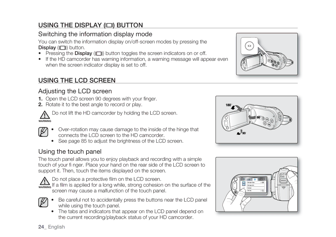 Samsung HMX-H100P/MEA manual Using the Display Button, Switching the information display mode, Using the LCD Screen 