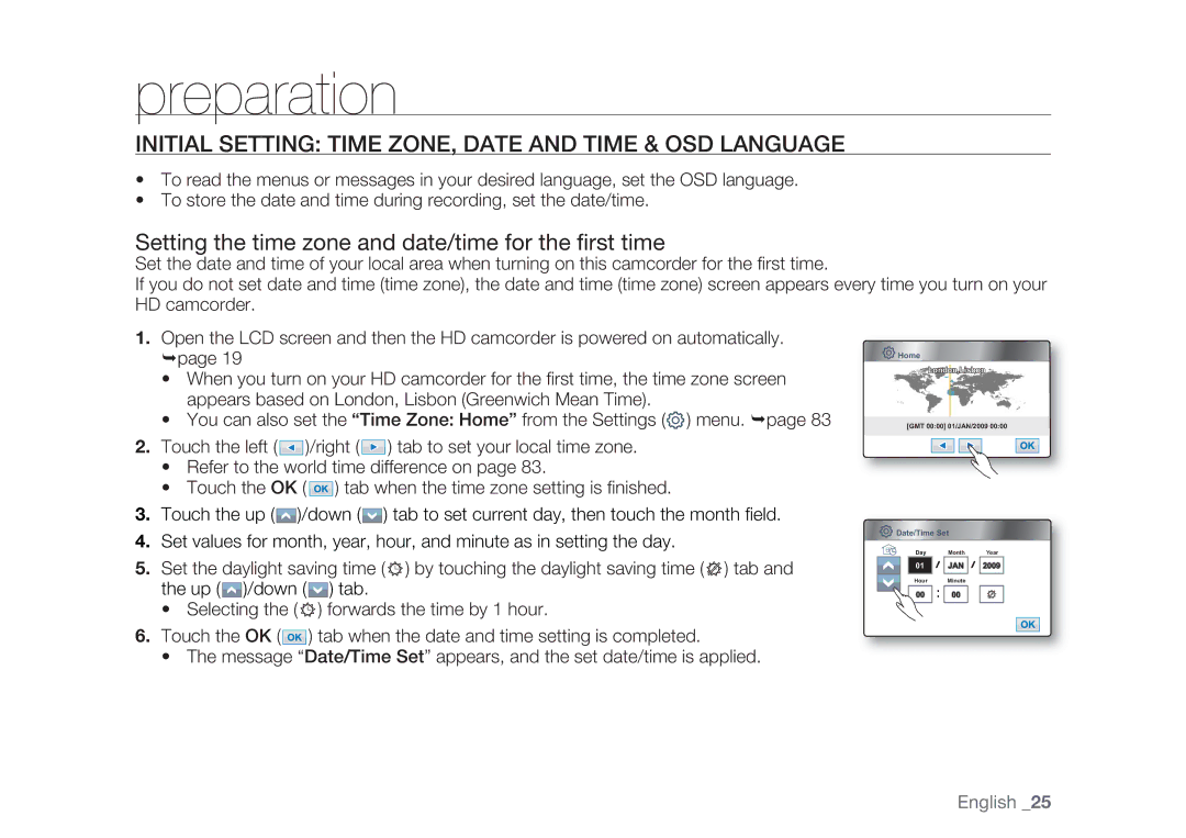 Samsung HMX-H106SP/AAW, HMX-H105BP/EDC, HMX-H106SP/EDC manual Initial Setting Time ZONE, Date and Time & OSD Language 