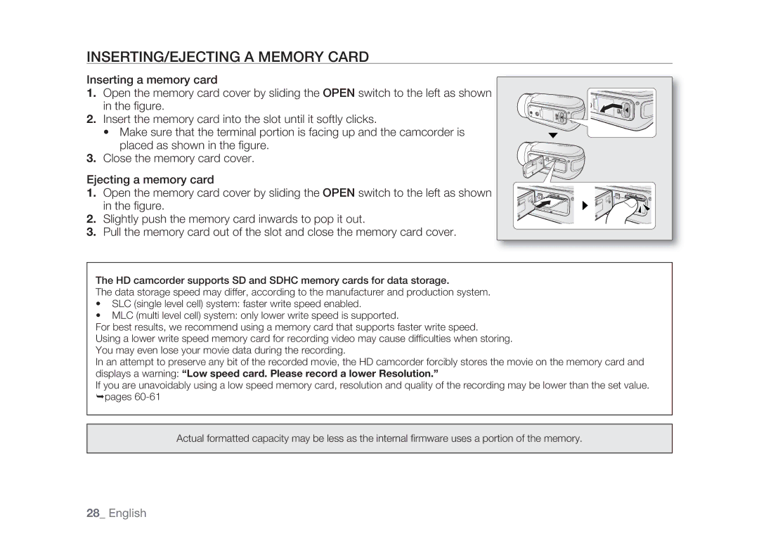 Samsung HMX-H105BP/MEA, HMX-H105BP/EDC, HMX-H106SP/EDC, HMX-H100P/EDC, HMX-H1052P/EDC manual INSERTING/EJECTING a Memory Card 