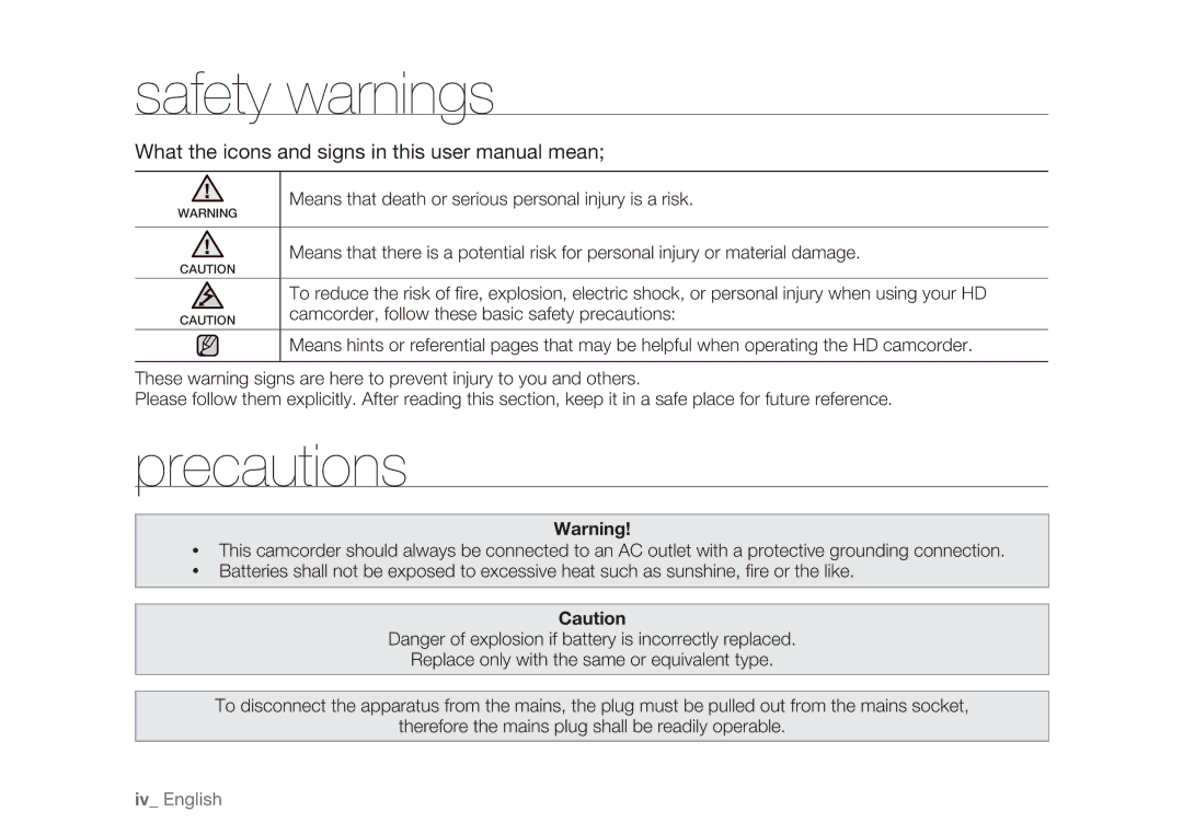 Samsung HMX-H104BP/EDC, HMX-H105BP/EDC, HMX-H106SP/EDC, HMX-H100P/EDC, HMX-H1052P/EDC manual Safety warnings, Precautions 