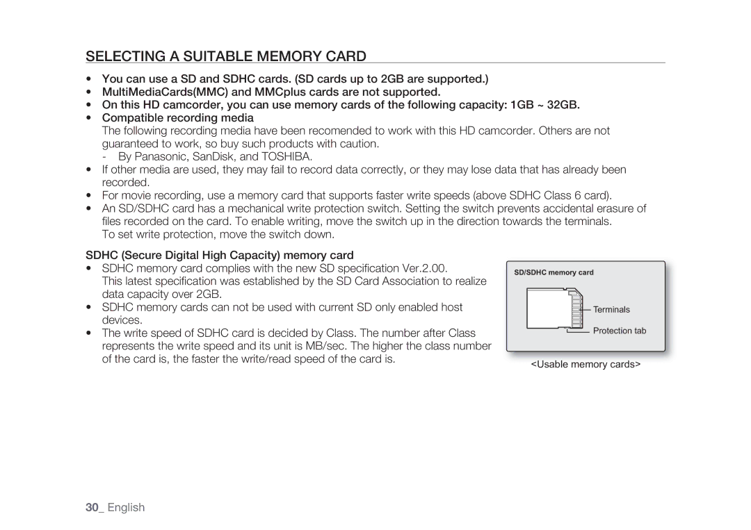 Samsung HMX-H104BP/HAC, HMX-H105BP/EDC, HMX-H106SP/EDC, HMX-H100P/EDC, HMX-H1052P/EDC manual Selecting a Suitable Memory Card 