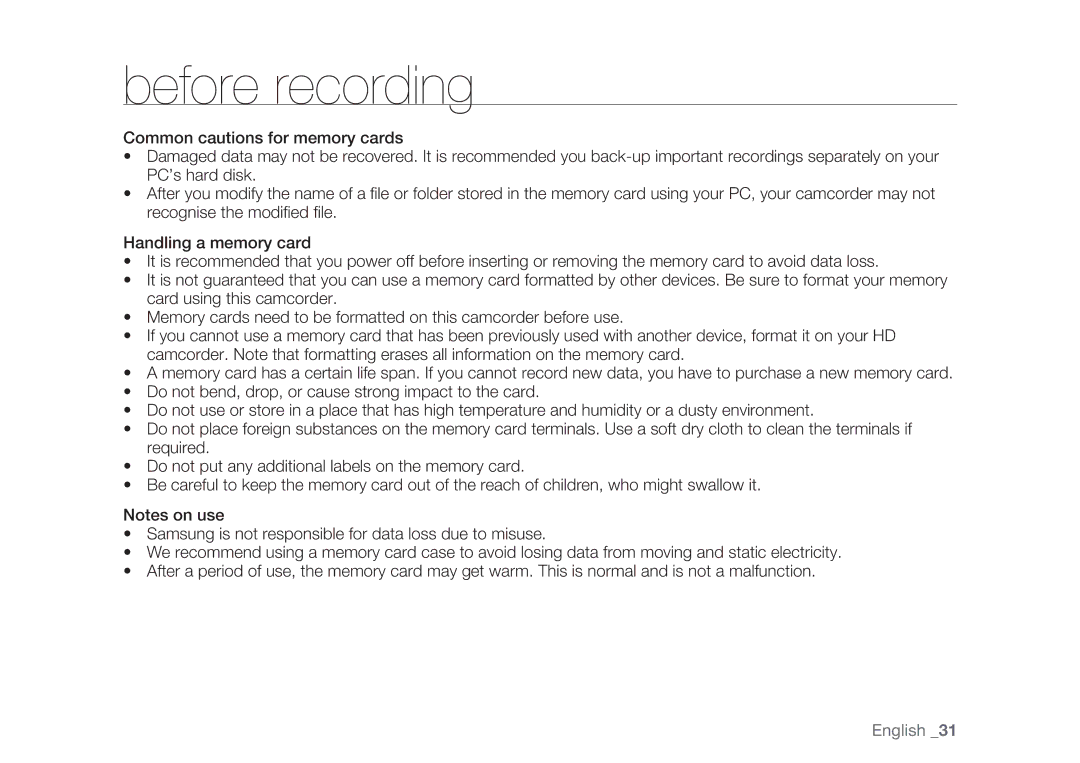 Samsung HMX-H105BP/HAC, HMX-H105BP/EDC, HMX-H106SP/EDC, HMX-H100P/EDC, HMX-H1052P/EDC, HMX-H104BP/EDC manual Before recording 