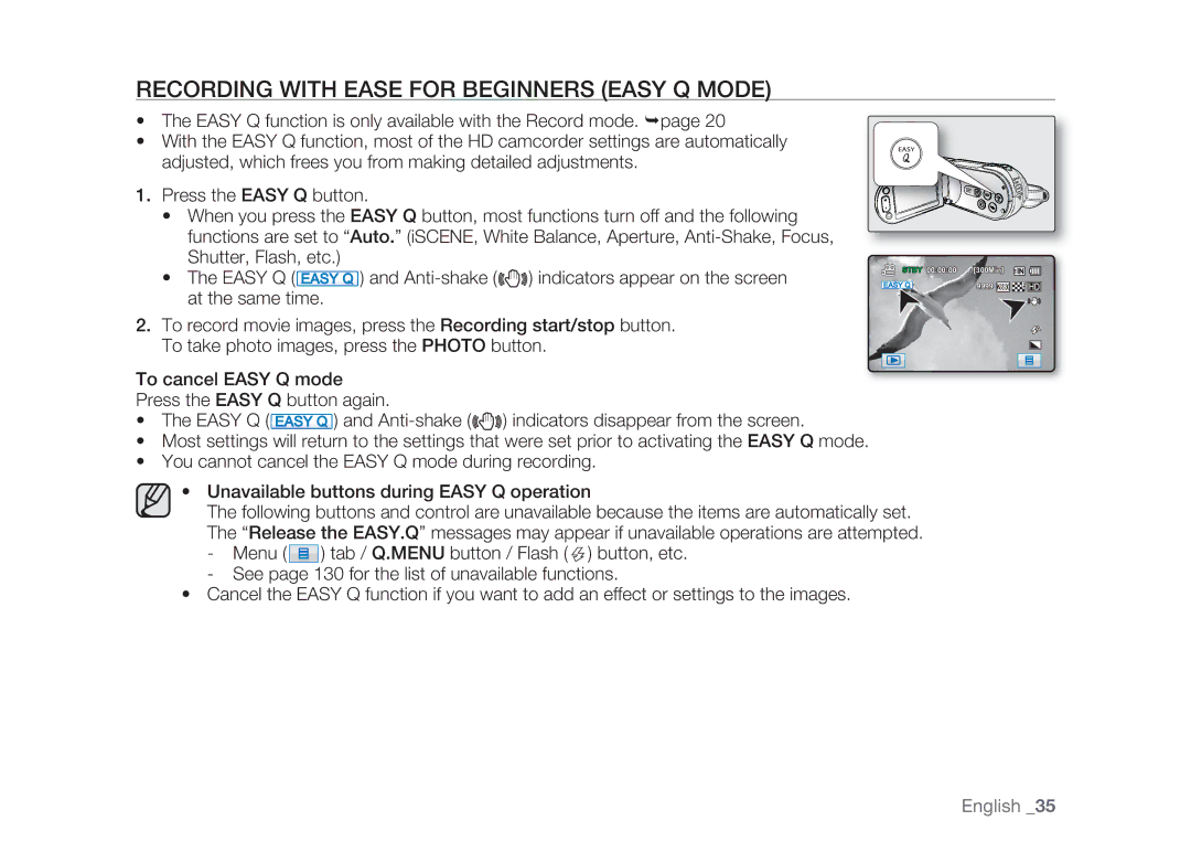 Samsung HMX-H100P/XEK, HMX-H105BP/EDC, HMX-H106SP/EDC, HMX-H100P/EDC manual Recording with Ease for Beginners Easy Q Mode 