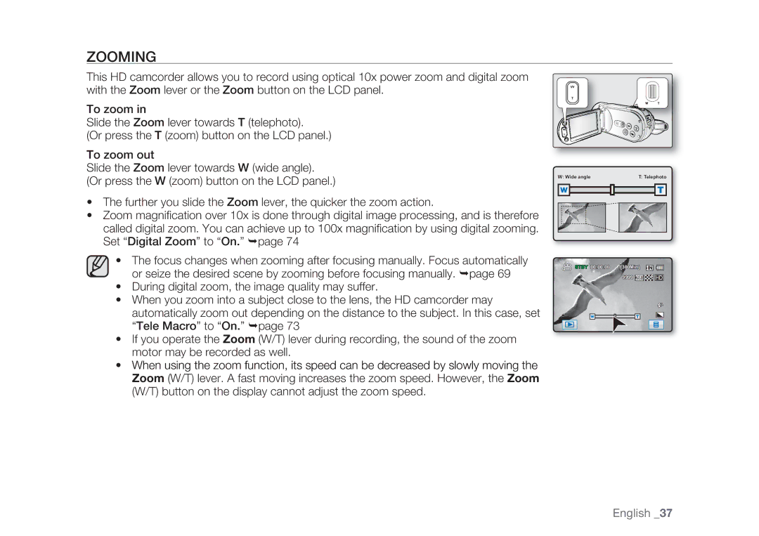 Samsung HMX-H106SP/XER, HMX-H105BP/EDC, HMX-H106SP/EDC, HMX-H100P/EDC, HMX-H1052P/EDC, HMX-H104BP/EDC, HMX-H1000P/EDC Zooming 