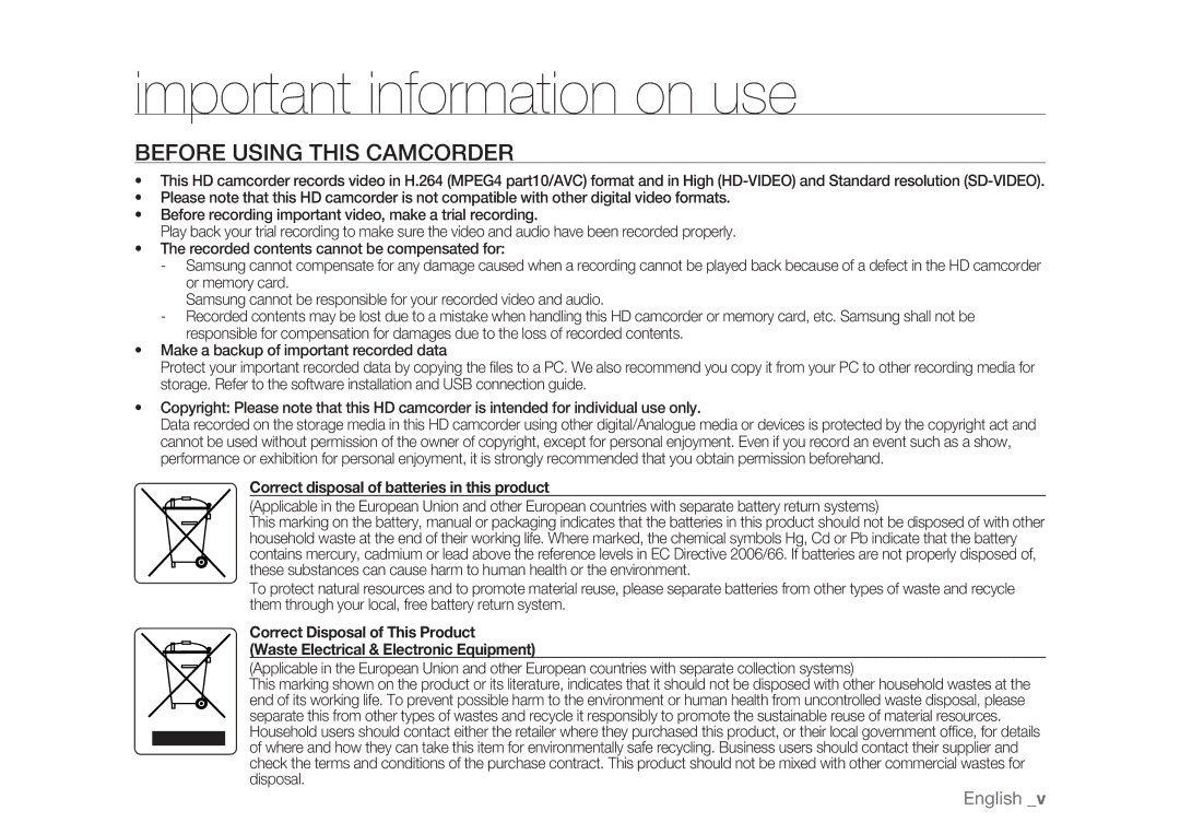 Samsung HMX-H1000P/EDC, HMX-H105BP/EDC, HMX-H106SP/EDC manual Important information on use, Before Using this Camcorder 