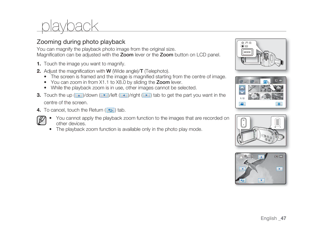 Samsung HMX-H1052P/EDC, HMX-H105BP/EDC, HMX-H106SP/EDC, HMX-H100P/EDC, HMX-H104BP/EDC manual Zooming during photo playback 