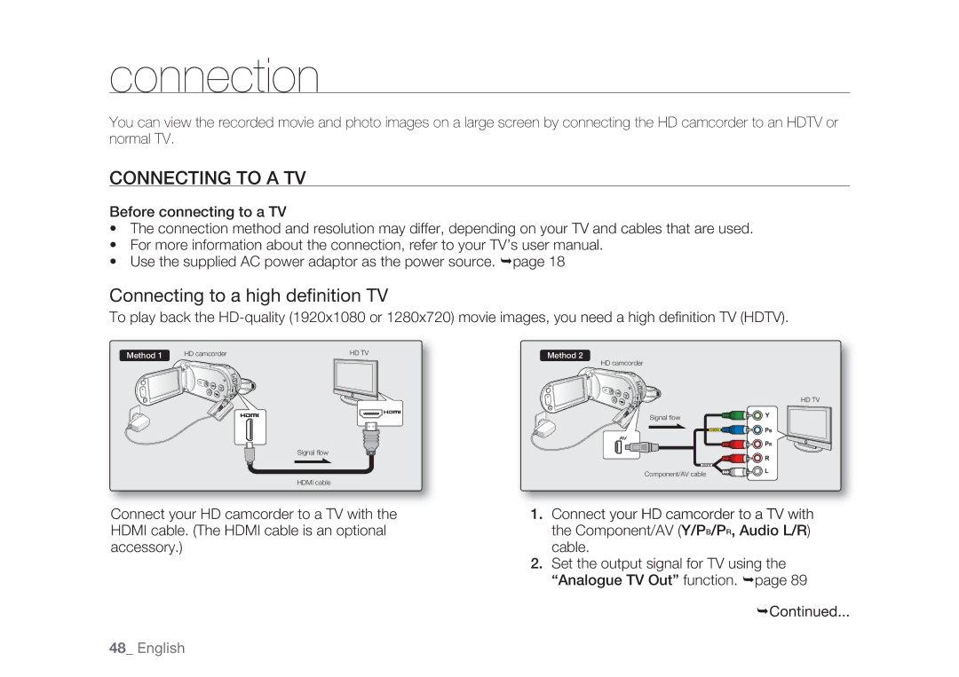 Samsung HMX-H104BP/EDC, HMX-H105BP/EDC, HMX-H106SP/EDC Connection, Connecting to a TV, Connecting to a high deﬁnition TV 