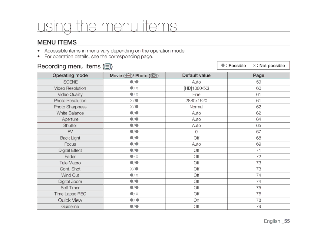 Samsung HMX-H105BP/MEA, HMX-H105BP/EDC, HMX-H106SP/EDC, HMX-H100P/EDC manual Menu Items, Recording menu items, Quick View 