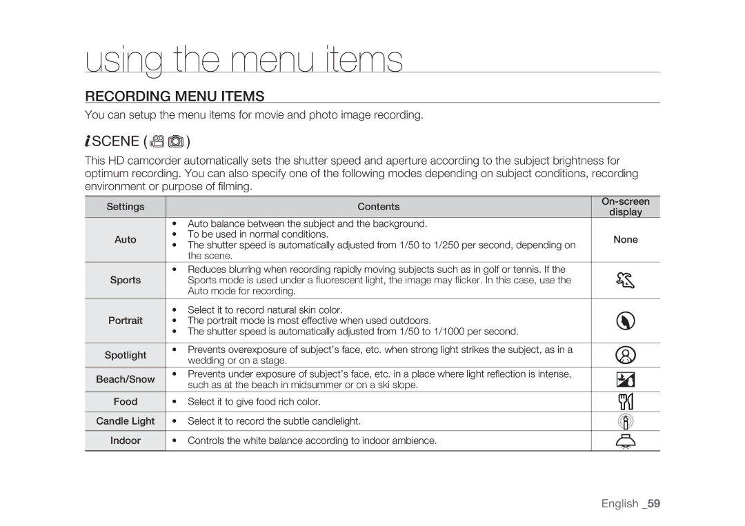 Samsung HMX-H104BP/XEB, HMX-H105BP/EDC, HMX-H106SP/EDC, HMX-H100P/EDC, HMX-H1052P/EDC manual Recording Menu Items, Scene 