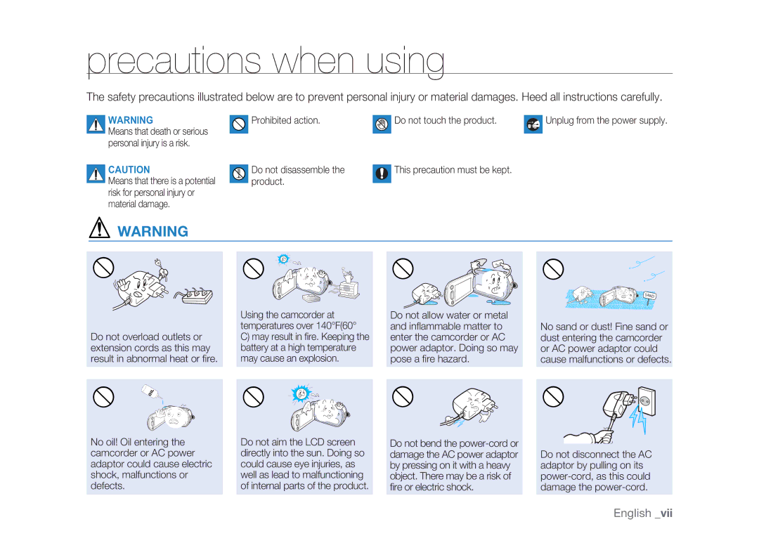 Samsung HMX-H100P/MEA, HMX-H105BP/EDC, HMX-H106SP/EDC, HMX-H100P/EDC, HMX-H1052P/EDC, HMX-H104BP/EDC Precautions when using 