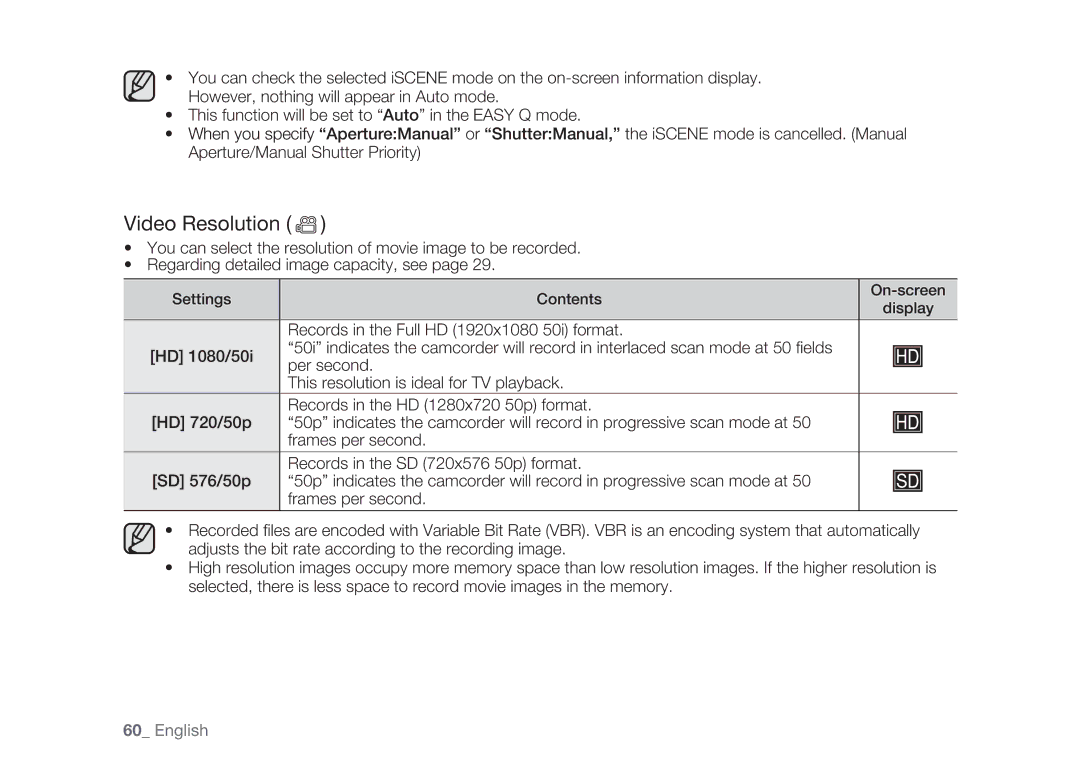 Samsung HMX-H100P/XEB, HMX-H105BP/EDC, HMX-H106SP/EDC, HMX-H100P/EDC, HMX-H1052P/EDC, HMX-H104BP/EDC manual Video Resolution 