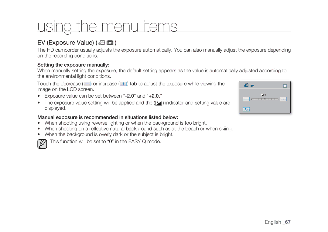 Samsung HMX-H104BP/XEK, HMX-H105BP/EDC, HMX-H106SP/EDC, HMX-H100P/EDC, HMX-H1052P/EDC, HMX-H104BP/EDC manual EV Exposure Value 