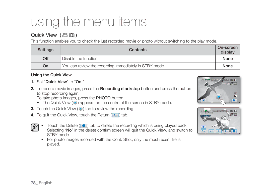 Samsung HMX-H100P/MEA, HMX-H105BP/EDC, HMX-H106SP/EDC, HMX-H100P/EDC, HMX-H1052P/EDC manual Using the menu items, Quick View 