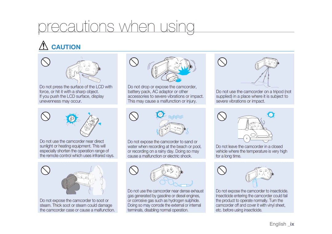 Samsung HMX-H104BP/MEA, HMX-H105BP/EDC, HMX-H106SP/EDC, HMX-H100P/EDC, HMX-H1052P/EDC, HMX-H104BP/EDC Precautions when using 