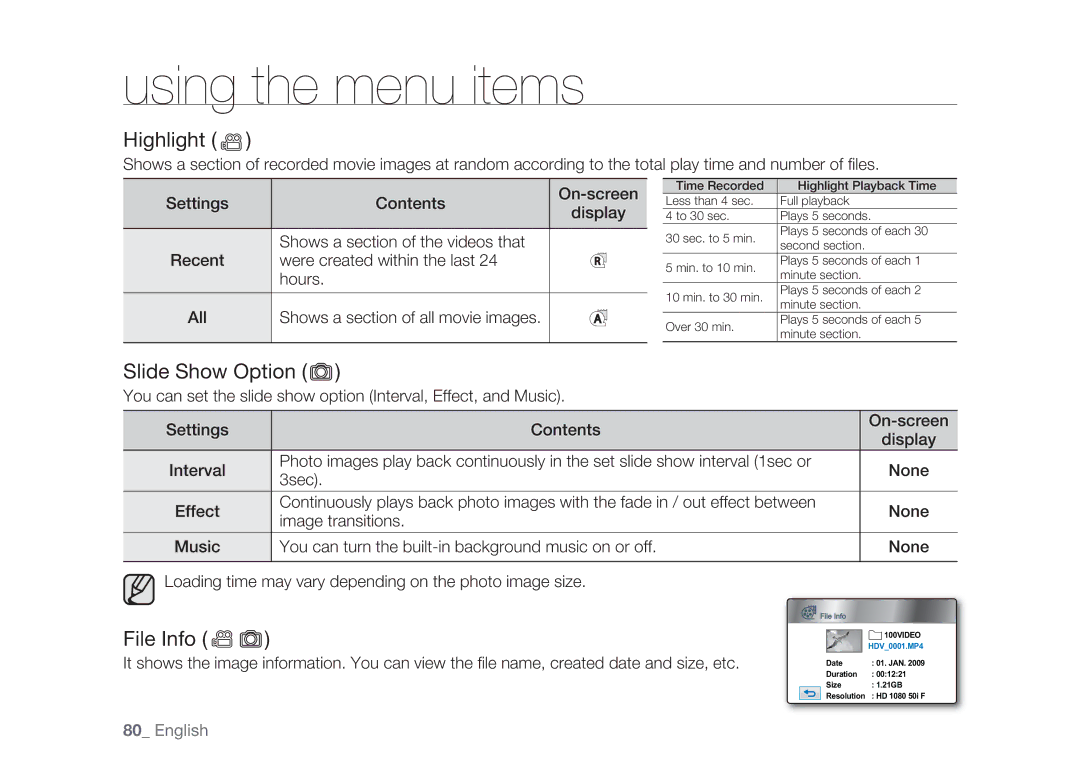 Samsung HMX-H104BP/MEA, HMX-H105BP/EDC, HMX-H106SP/EDC, HMX-H100P/EDC, HMX-H1052P/EDC Highlight, Slide Show Option, File Info 