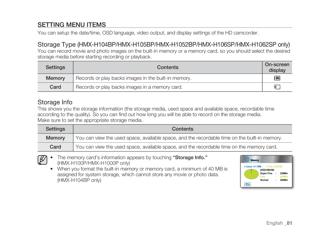 Samsung HMX-H105BP/AAW, HMX-H105BP/EDC, HMX-H106SP/EDC, HMX-H100P/EDC, HMX-H1052P/EDC manual Setting Menu Items, Storage Info 