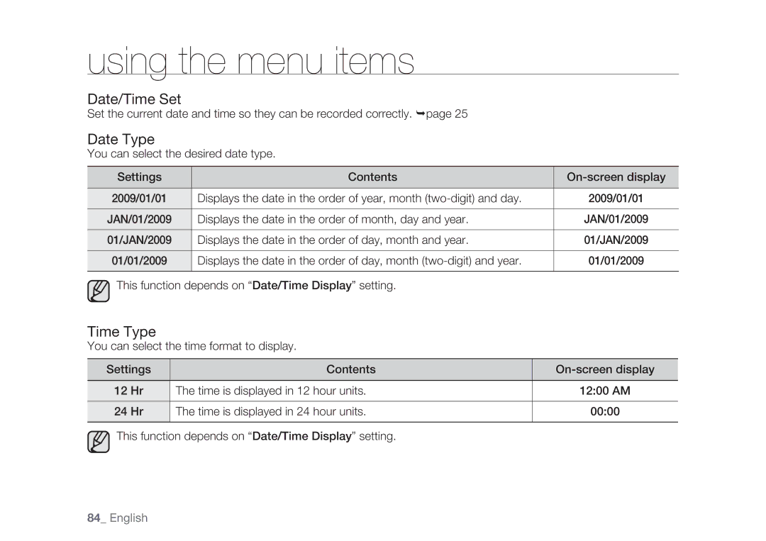 Samsung HMX-H104BP/HAC, HMX-H105BP/EDC, HMX-H106SP/EDC, HMX-H100P/EDC, HMX-H1052P/EDC Date/Time Set, Date Type, Time Type 