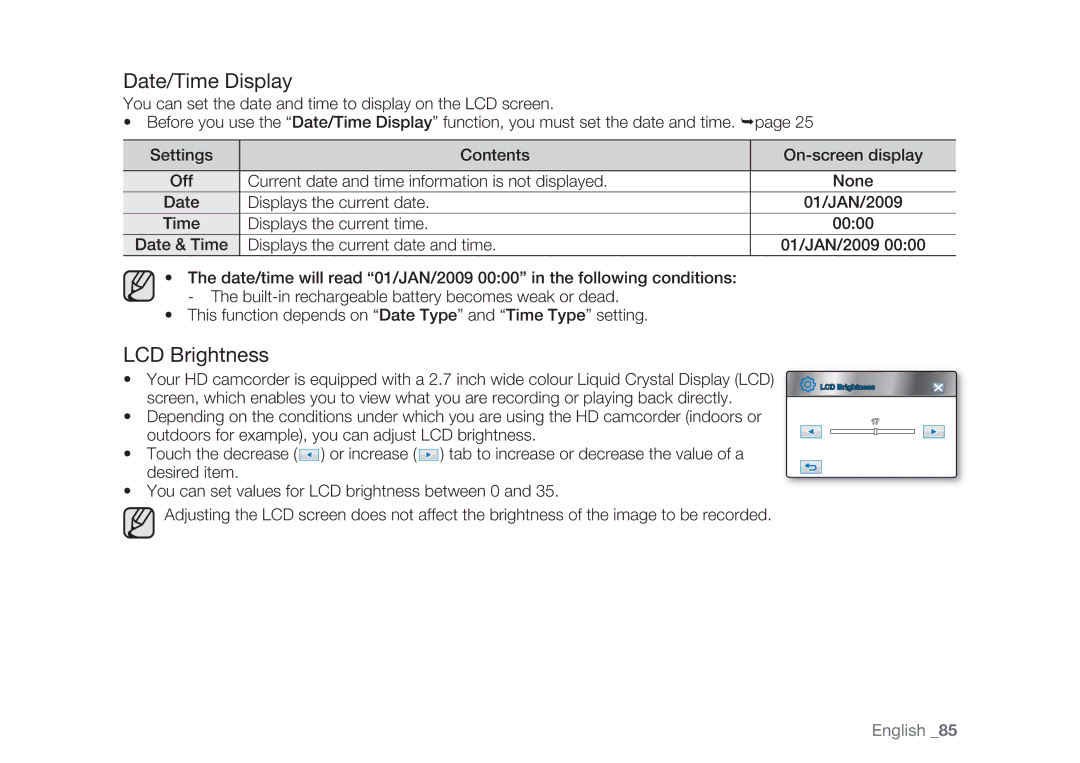 Samsung HMX-H105BP/HAC, HMX-H105BP/EDC, HMX-H106SP/EDC, HMX-H100P/EDC, HMX-H1052P/EDC manual Date/Time Display, LCD Brightness 