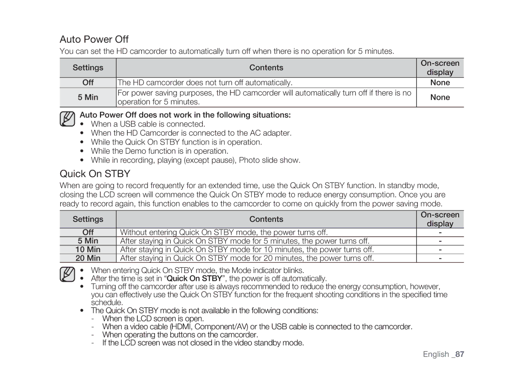 Samsung HMX-H100P/XEB, HMX-H105BP/EDC, HMX-H106SP/EDC, HMX-H100P/EDC, HMX-H1052P/EDC manual Auto Power Off, Quick On Stby 