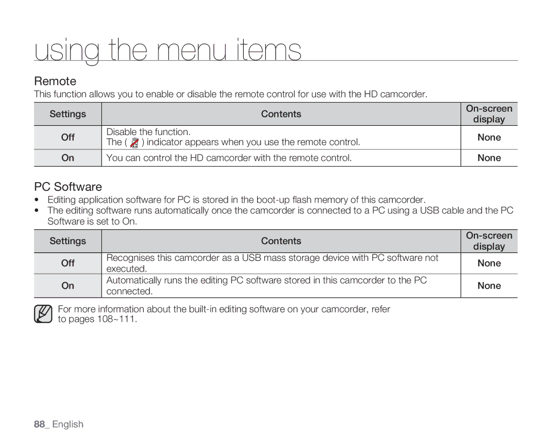 Samsung HMX-H105BP/XER, HMX-H105BP/EDC, HMX-H106SP/EDC, HMX-H100P/EDC, HMX-H1052P/EDC, HMX-H104BP/EDC Using the menu items 