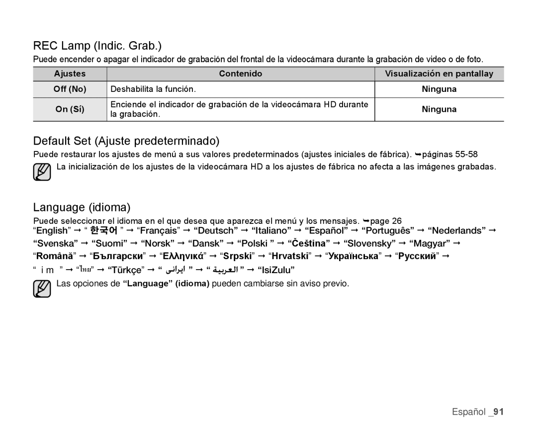 Samsung HMX-H106SN/XAA manual REC Lamp Indic. Grab, Default Set Ajuste predeterminado, Language idioma, La grabación 