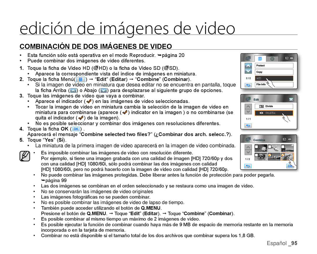 Samsung HMX-H106SN/XAA manual Combinación DE DOS Imágenes DE Video,  Edit Editar  Combine Combinar 