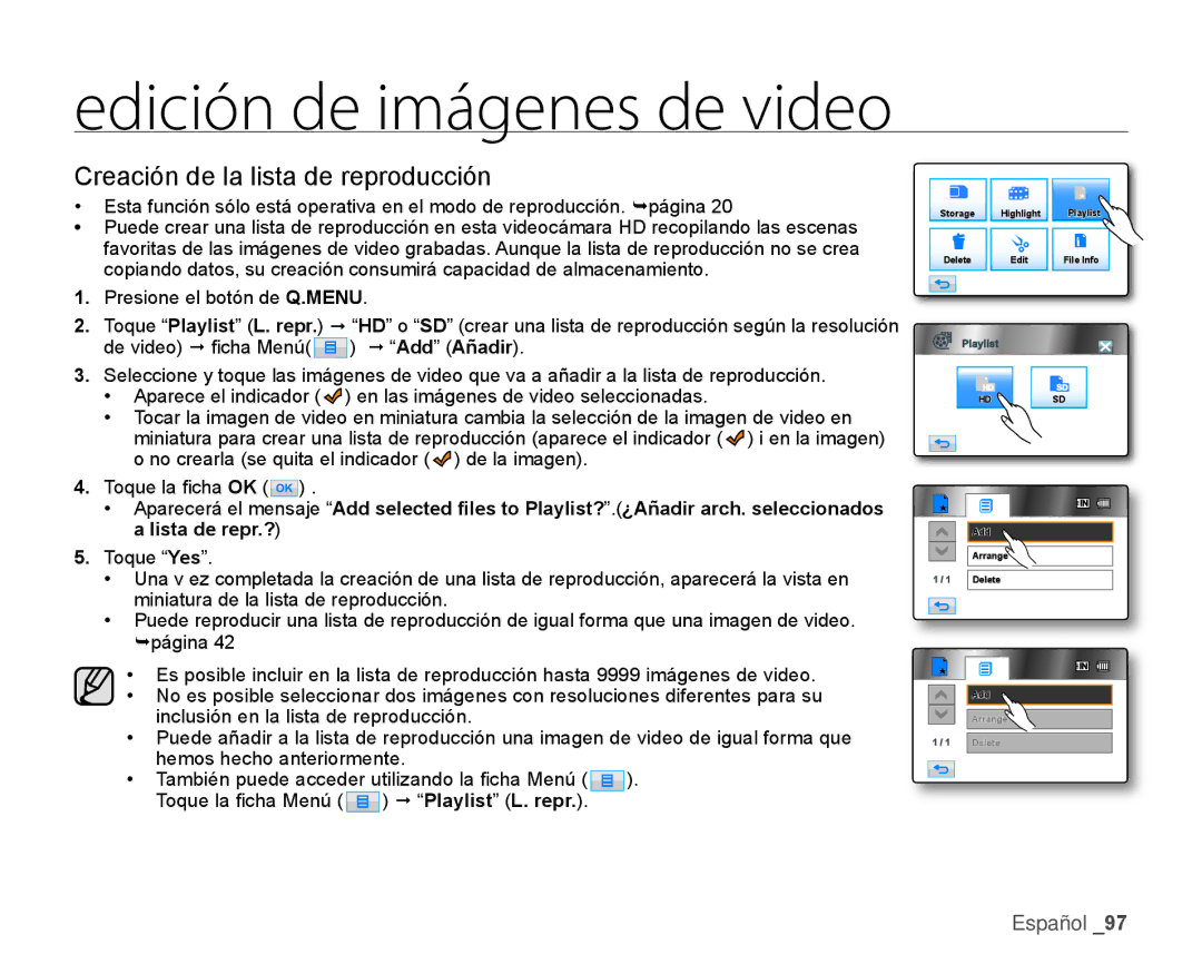 Samsung HMX-H106SN/XAA manual Creación de la lista de reproducción 