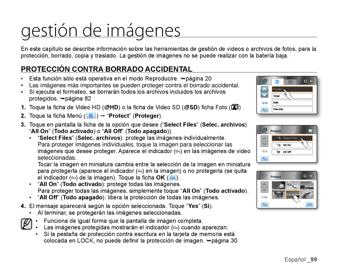 Samsung HMX-H106SN/XAA manual Gestión de imágenes, Protección Contra Borrado Accidental 