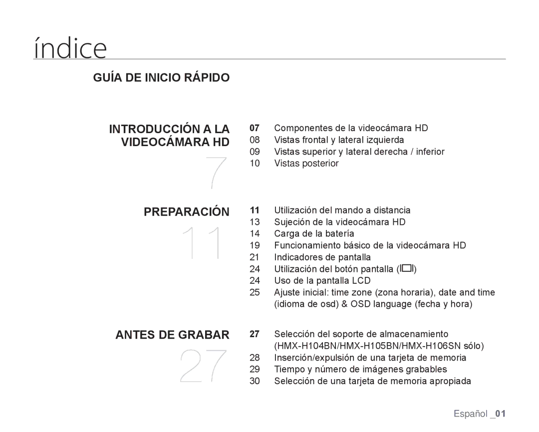 Samsung HMX-H106SN/XAA manual Índice, Antes DE Grabar 