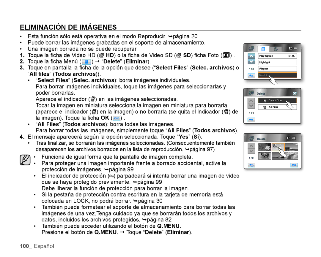 Samsung HMX-H106SN/XAA manual Eliminación DE Imágenes 