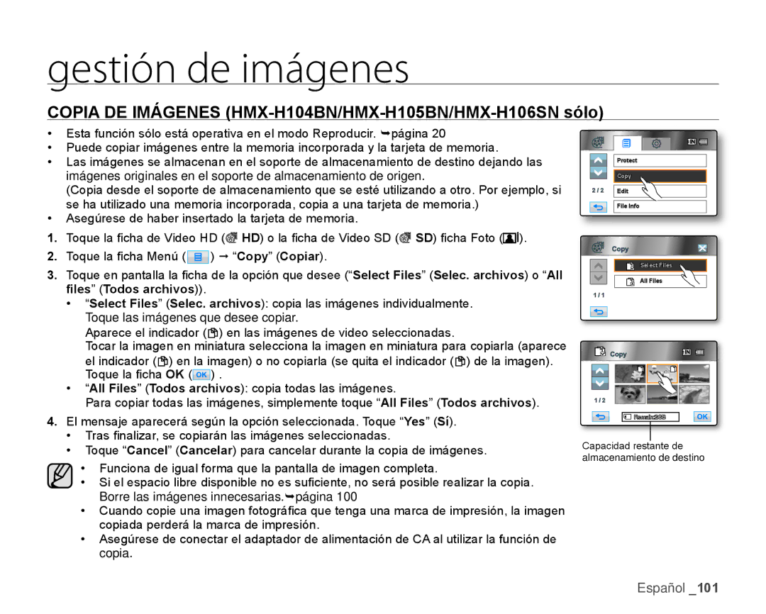 Samsung HMX-H106SN/XAA manual Copia DE Imágenes HMX-H104BN/HMX-H105BN/HMX-H106SN sólo 