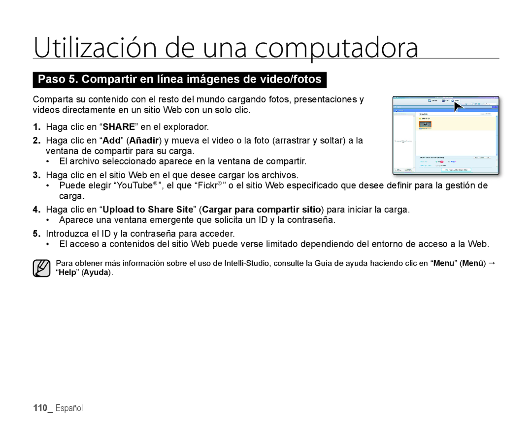 Samsung HMX-H106SN/XAA manual Paso 5. Compartir en línea imágenes de video/fotos, Help Ayuda 