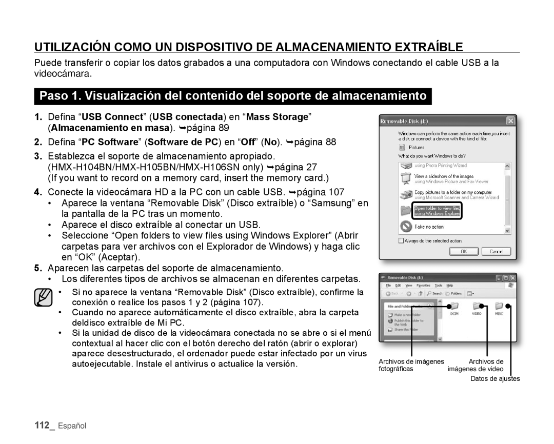 Samsung HMX-H106SN/XAA manual Utilización Como UN Dispositivo DE Almacenamiento Extraíble 