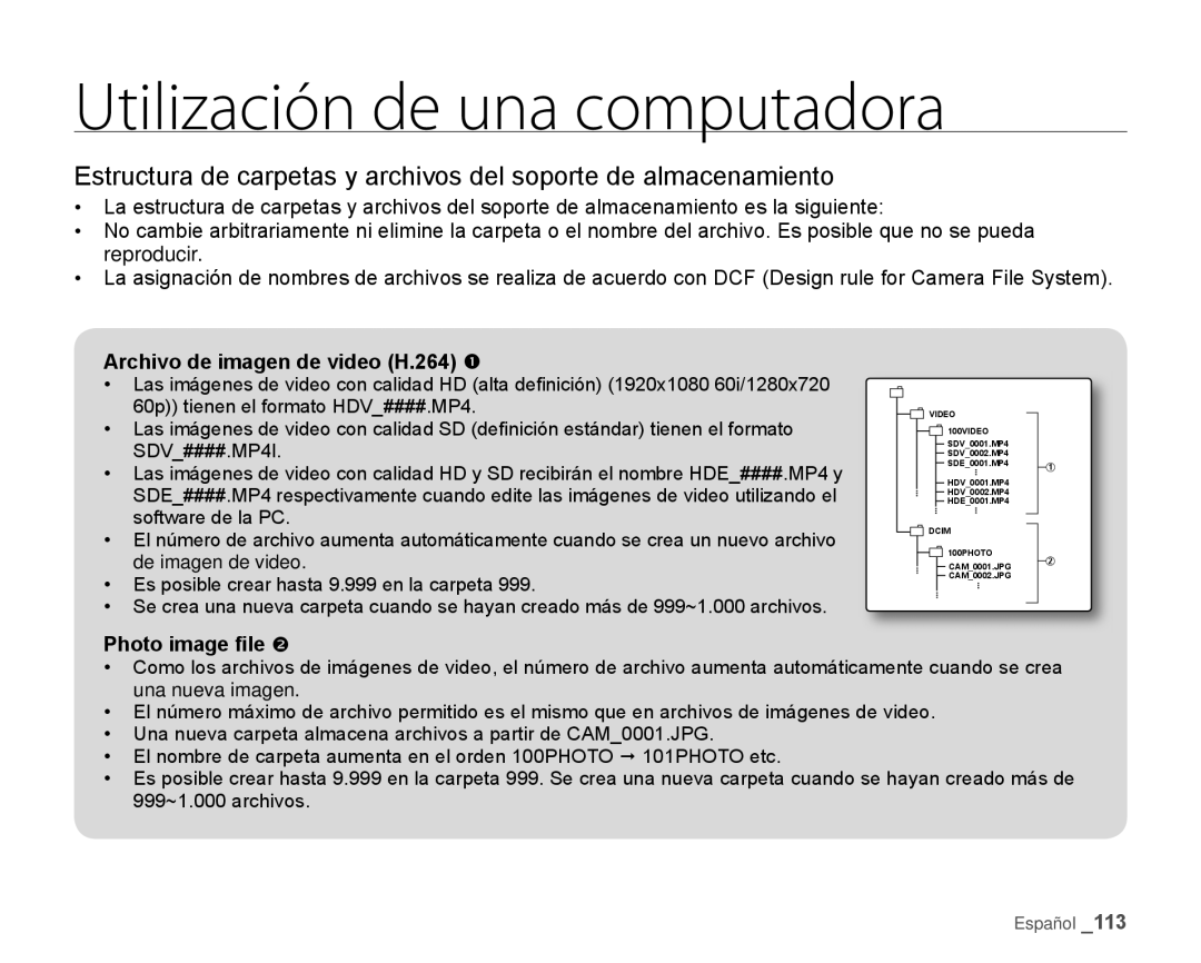 Samsung HMX-H106SN/XAA manual Archivo de imagen de video H.264 , Photo image file  