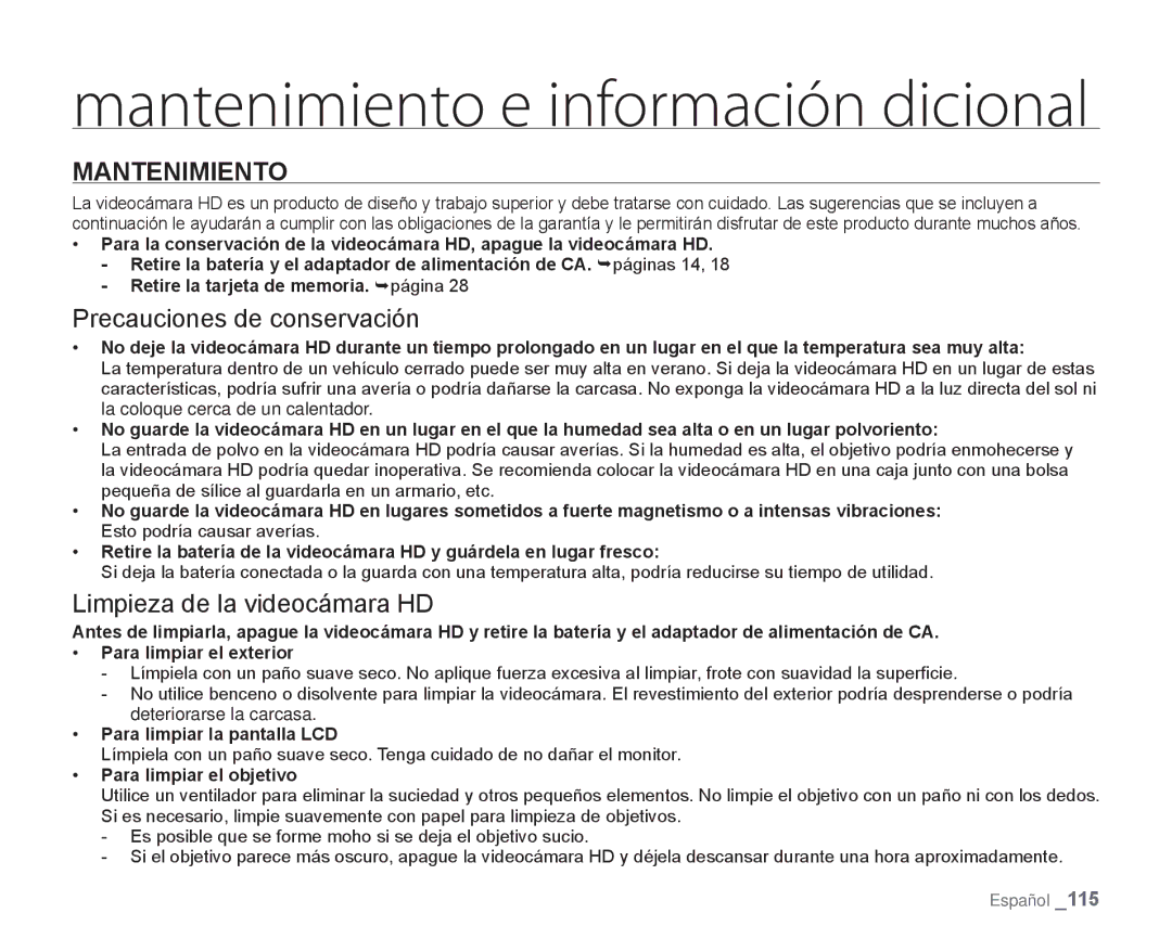 Samsung HMX-H106SN/XAA Mantenimiento e información dicional, Precauciones de conservación, Limpieza de la videocámara HD 