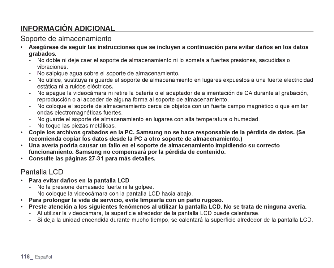 Samsung HMX-H106SN/XAA manual Información Adicional, Soporte de almacenamiento, Pantalla LCD 