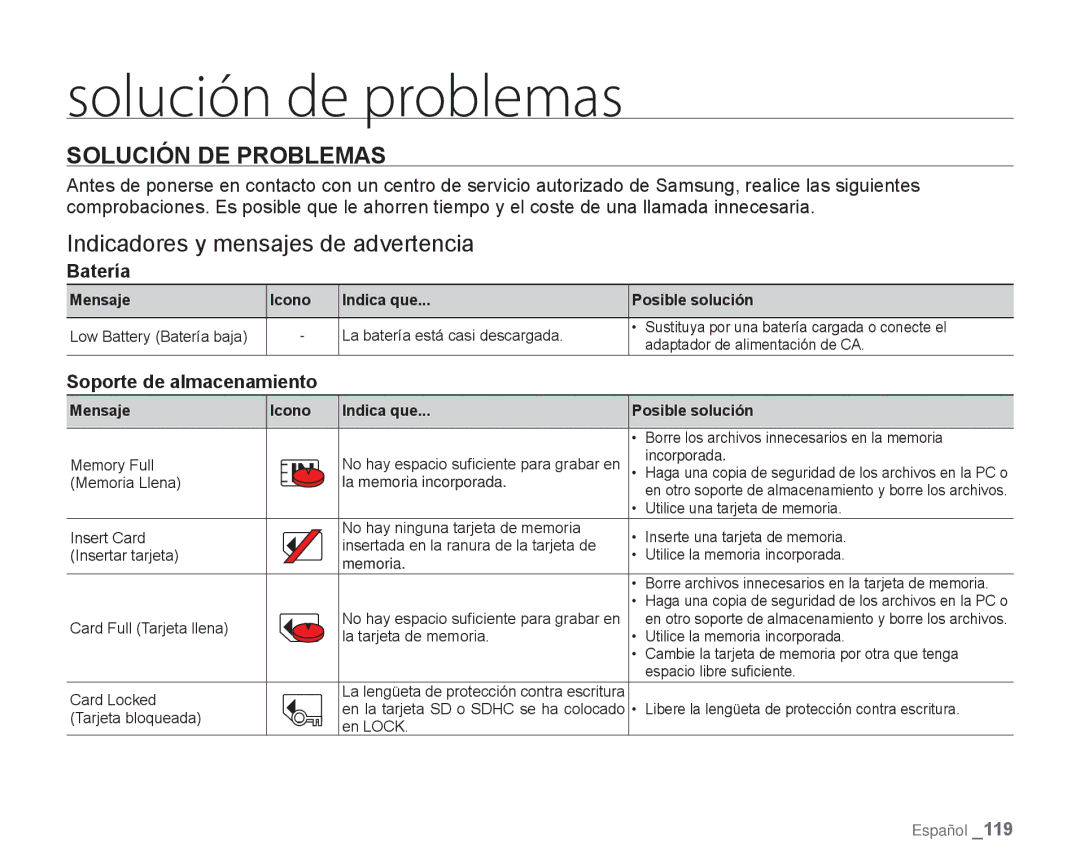 Samsung HMX-H106SN/XAA manual Solución de problemas, Solución DE Problemas, Indicadores y mensajes de advertencia, Batería 